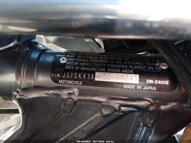 Aukcja sprzedaży 2015 Suzuki Dr-z400 S, vin: JS1SK43A6F2100741, numer aukcji: 45345621
