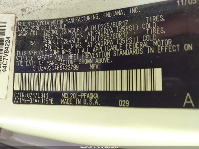 45345629 :رقم المزاد ، 5TDZA22C46S422799 vin ، 2006 Toyota Sienna Xle Limited مزاد بيع