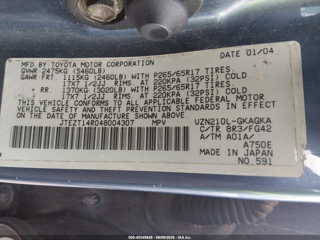 45345649 :رقم المزاد ، JTEZT14R048004307 vin ، 2004 Toyota 4runner Sr5 V8 مزاد بيع