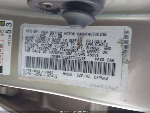 45345656 :رقم المزاد ، 1NXBR32E26Z763515 vin ، 2006 Toyota Corolla Le مزاد بيع