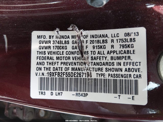 45345663 :رقم المزاد ، 19XFB2F55DE267196 vin ، 2013 Honda Civic Lx مزاد بيع