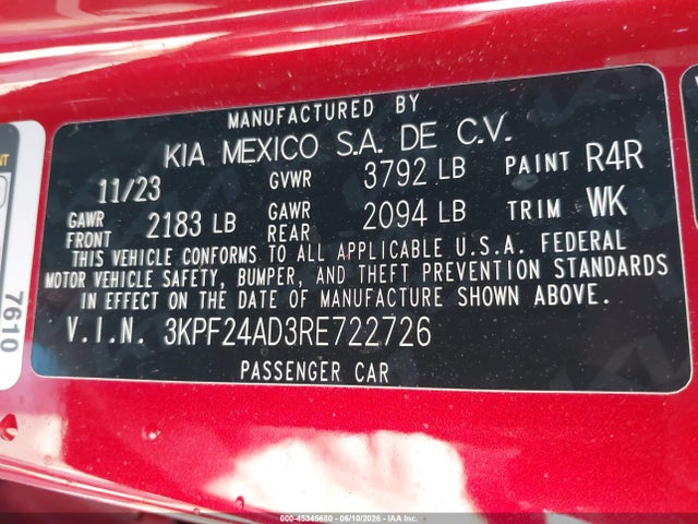 2024 Kia Forte Lxs მანქანა იყიდება აუქციონზე, vin: 3KPF24AD3RE722726, აუქციონის ნომერი: 45345680