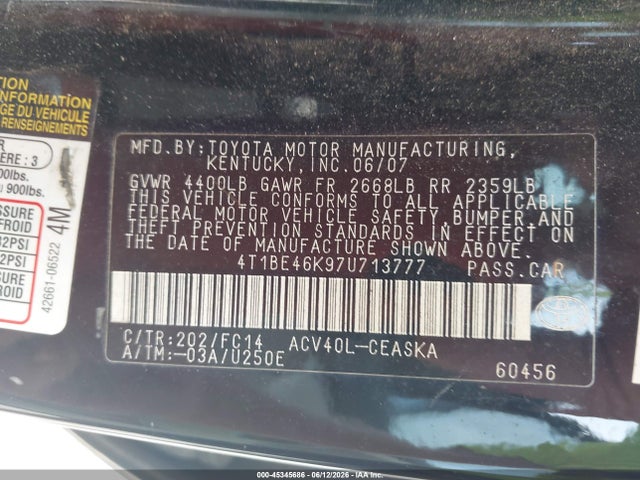 Продаж на аукціоні авто 2007 Toyota Camry Se, vin: 4T1BE46K97U713777, номер лоту: 45345686