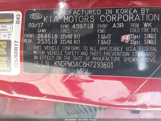 45345687 :رقم المزاد ، KNDPM3AC8H7293601 vin ، 2017 Kia Sportage Lx مزاد بيع