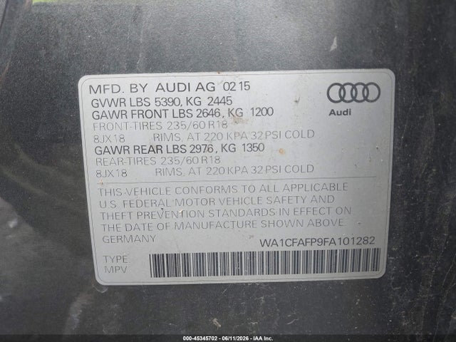 2015 Audi Q5 2.0t Premium მანქანა იყიდება აუქციონზე, vin: WA1CFAFP9FA101282, აუქციონის ნომერი: 45345702