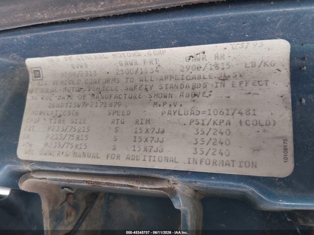 1993 Chevrolet Blazer S10 მანქანა იყიდება აუქციონზე, vin: 1GNDT13W7P2171879, აუქციონის ნომერი: 45345707