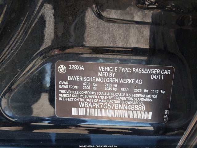 45345708 :رقم المزاد ، WBAPK7G57BNN48888 vin ، 2011 Bmw 328i Xdrive مزاد بيع