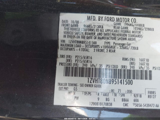 Aukcja sprzedaży 2009 Ford Mustang V6/v6 Premium, vin: 1ZVHT80N895141500, numer aukcji: 45345715