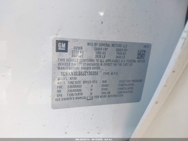 2018 Gmc Acadia Denali მანქანა იყიდება აუქციონზე, vin: 1GKKNXLS8JZ136359, აუქციონის ნომერი: 45345724