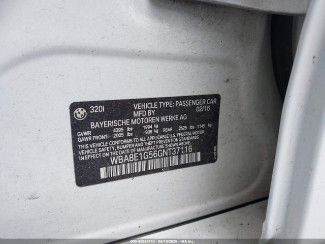 Aukcja sprzedaży 2016 Bmw 320i, vin: WBA8E1G56GNT37116, numer aukcji: 45345743