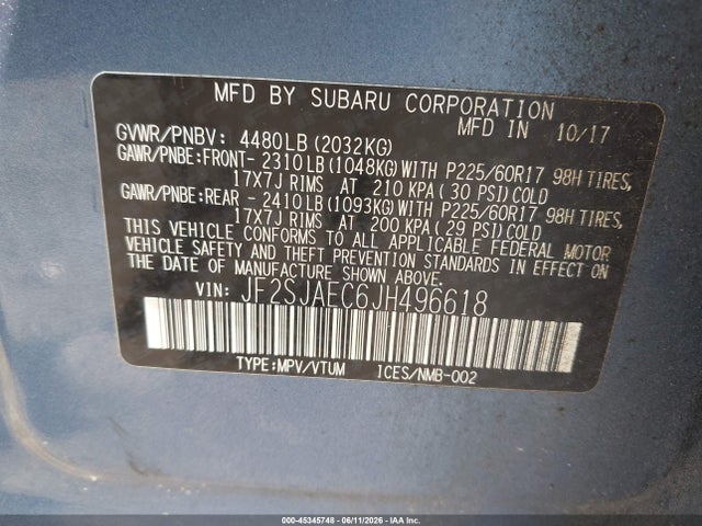 45345748 :رقم المزاد ، JF2SJAEC6JH496618 vin ، 2018 Subaru Forester 2.5i Premium مزاد بيع