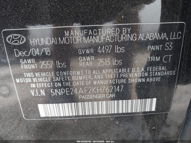 Продажа на аукционе авто 2019 Hyundai Sonata Se, vin: 5NPE24AF2KH762147, номер лота: 45345762
