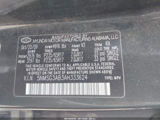 Продаж на аукціоні авто 2010 Hyundai Santa Fe Gls, vin: 5NMSG3AB3AH333624, номер лоту: 45345763