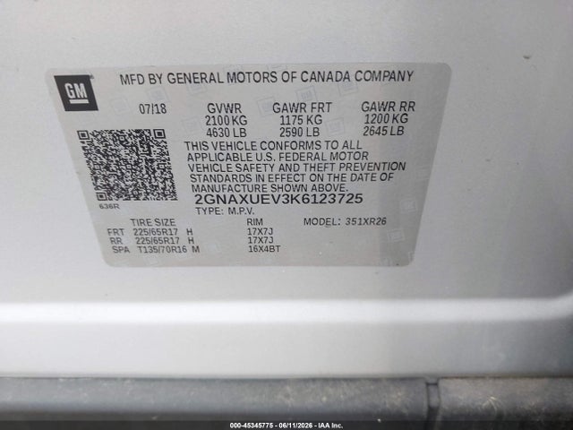 45345775 :رقم المزاد ، 2GNAXUEV3K6123725 vin ، 2019 Chevrolet Equinox Lt مزاد بيع