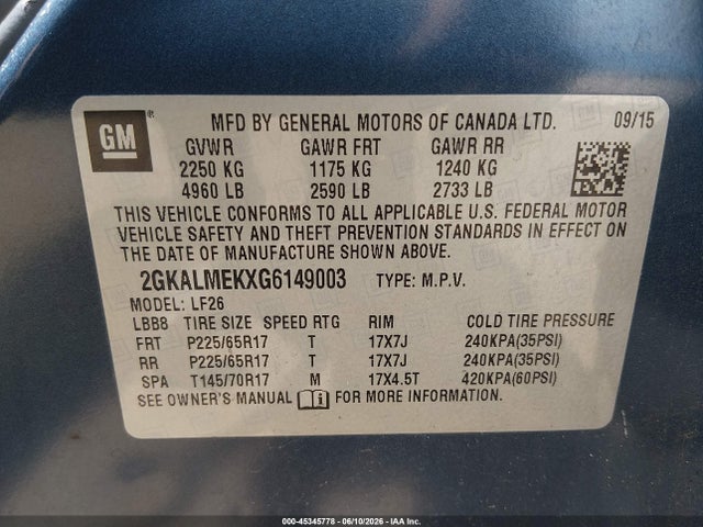 45345778 :رقم المزاد ، 2GKALMEKXG6149003 vin ، 2016 Gmc Terrain Sle-1 مزاد بيع