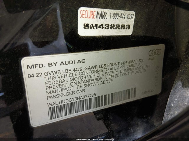 45345826 :رقم المزاد ، WAUHUDGY8NA077725 vin ، 2022 Audi A3 Premium Plus 40 Tfsi Quattro S Tronic مزاد بيع