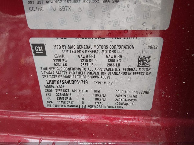 Продажа на аукционе авто 2020 Buick Envision Awd Preferred, vin: LRBFX1SA4LD061719, номер лота: 45345834