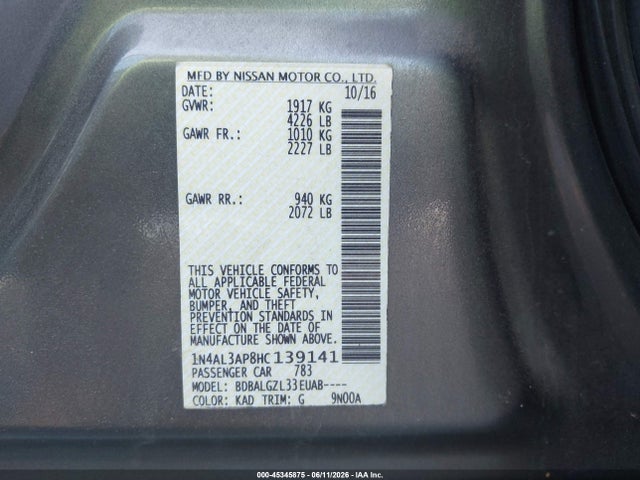 45345875 :رقم المزاد ، 1N4AL3AP8HC139141 vin ، 2017 Nissan Altima 2.5/2.5 S/2.5 Sl/2.5 Sr/2.5 Sv مزاد بيع