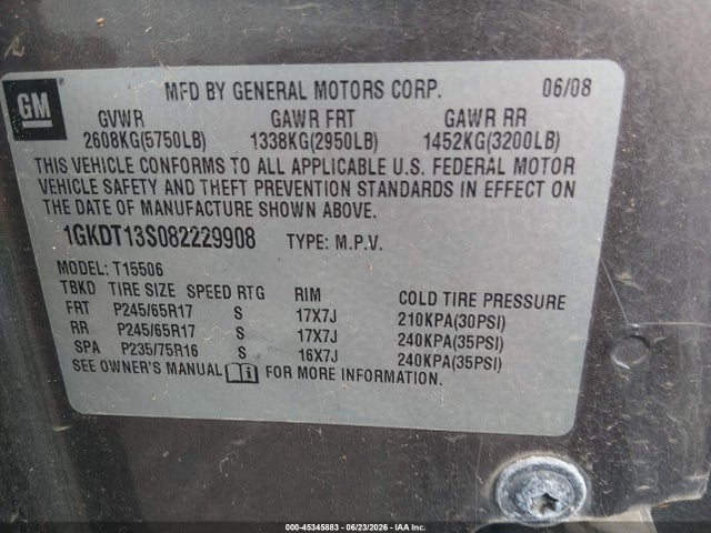 2008 Gmc Envoy Sle მანქანა იყიდება აუქციონზე, vin: 1GKDT13S082229908, აუქციონის ნომერი: 45345883