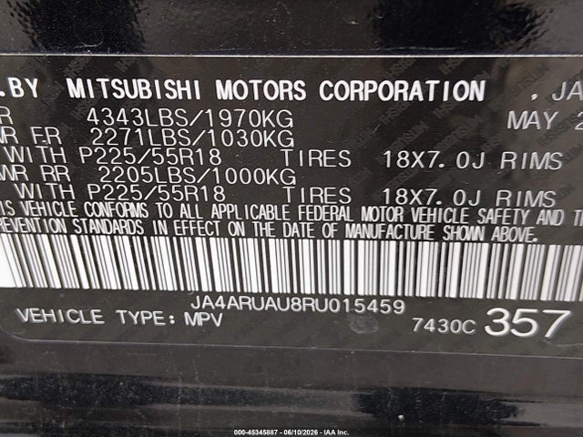 45345887 :رقم المزاد ، JA4ARUAU8RU015459 vin ، 2024 Mitsubishi Outlander Sport 2.0 Es Awc/2.0 Le Awc/2.0 Ralliart Awc/2.0 S Awc/2.0 Se Awc/2.0 Trail Edition Awc مزاد بيع