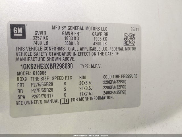 Продаж на аукціоні авто 2011 Gmc Yukon Xl 1500 Sle, vin: 1GKS2HE3XBR298080, номер лоту: 45345895