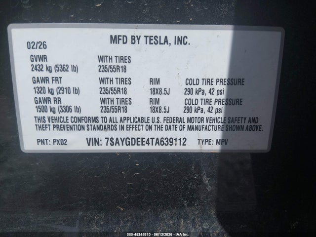 2026 Tesla Model Y All-wheel Drive/long Range Launch Series/premium All-wheel Drive მანქანა იყიდება აუქციონზე, vin: 7SAYGDEE4TA639112, აუქციონის ნომერი: 45345910