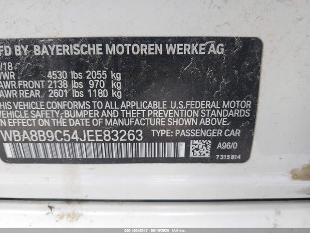 Aukcja sprzedaży 2018 Bmw 330i, vin: WBA8B9C54JEE83263, numer aukcji: 45345917