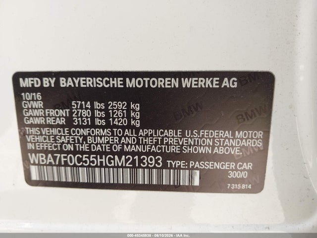 45345938 :رقم المزاد ، WBA7F0C55HGM21393 vin ، 2017 Bmw 750i مزاد بيع
