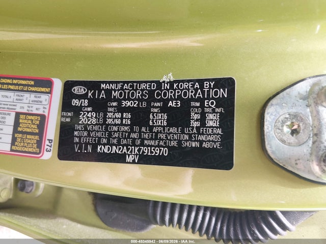 45345942 :رقم المزاد ، KNDJN2A21K7915970 vin ، 2019 Kia Soul مزاد بيع