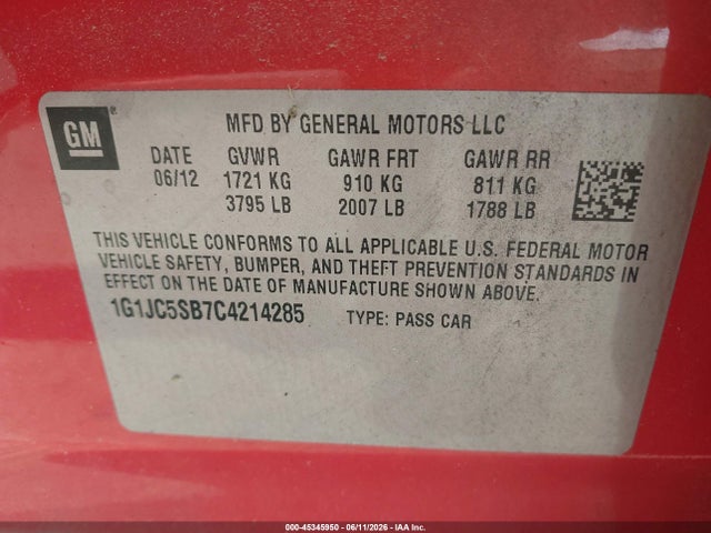 Продаж на аукціоні авто 2012 Chevrolet Sonic 2lt, vin: 1G1JC5SB7C4214285, номер лоту: 45345950