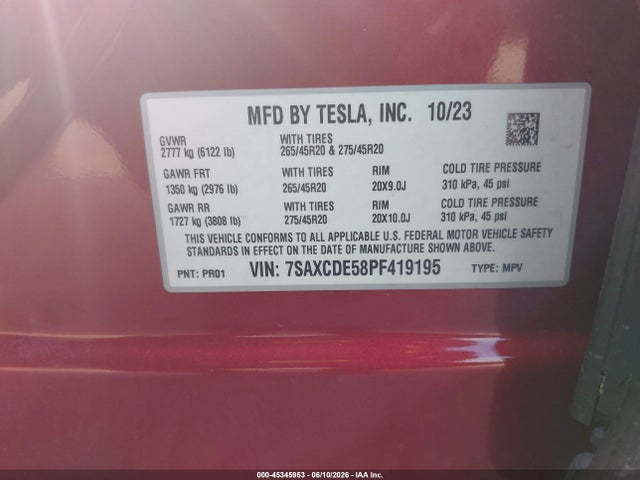 Продажа на аукционе авто 2023 Tesla Model X Dual Motor All-wheel Drive/standard Range, vin: 7SAXCDE58PF419195, номер лота: 45345953