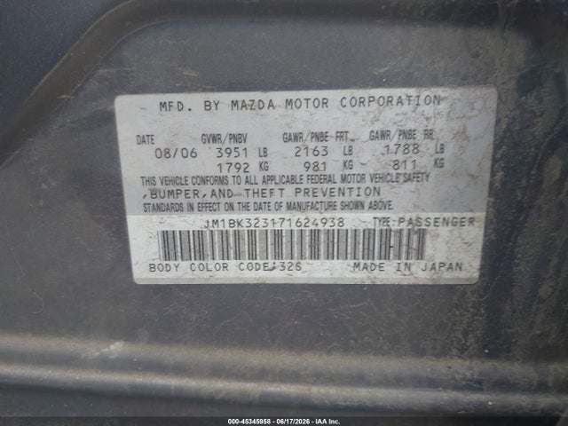 2007 Mazda Mazda3 S Touring მანქანა იყიდება აუქციონზე, vin: JM1BK323171624938, აუქციონის ნომერი: 45345958