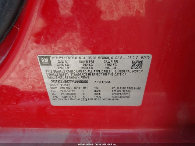 Aukcja sprzedaży 2015 Gmc Sierra 1500 Slt, vin: 3GTU2VEC0FG446388, numer aukcji: 45345968