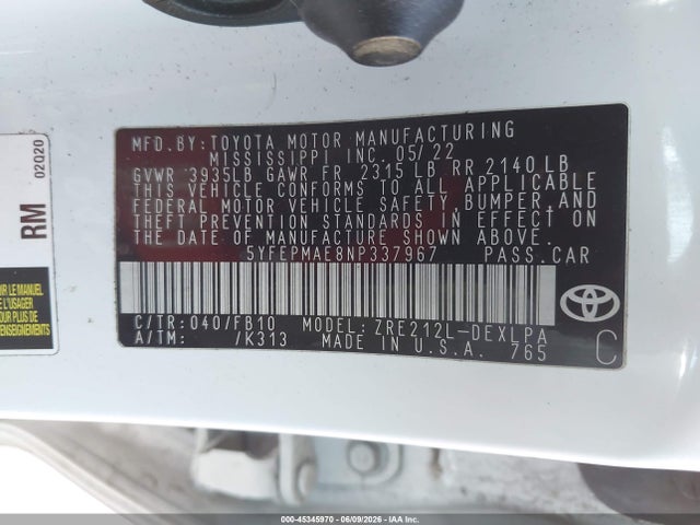 Toyota COROLLA LE 2022 5YFEPMAE8NP337967 Image 9