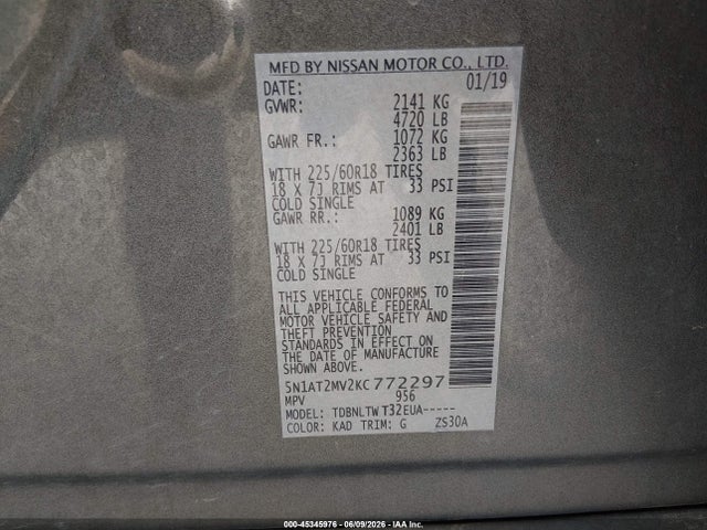 Продаж на аукціоні авто 2019 Nissan Rogue Sv, vin: 5N1AT2MV2KC772297, номер лоту: 45345976