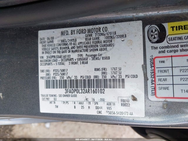 Продажа на аукционе авто 2010 Ford Fusion Hybrid, vin: 3FADP0L32AR160102, номер лота: 45345977