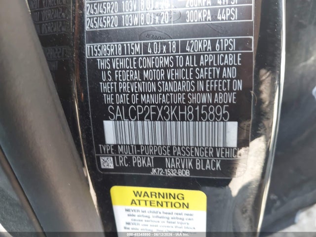 Продаж на аукціоні авто 2019 Land Rover Discovery Sport Se, vin: SALCP2FX3KH815895, номер лоту: 45345990