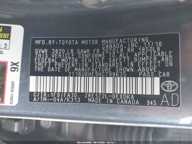 Toyota COROLLA L 2017 2T1BURHE9HC799635 Image 9