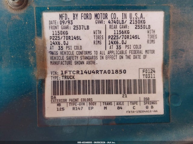 1994 Ford Ranger Super Cab მანქანა იყიდება აუქციონზე, vin: 1FTCR14U4RTA01850, აუქციონის ნომერი: 45346005