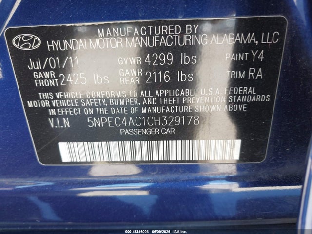 2012 Hyundai Sonata Se მანქანა იყიდება აუქციონზე, vin: 5NPEC4AC1CH329178, აუქციონის ნომერი: 45346008