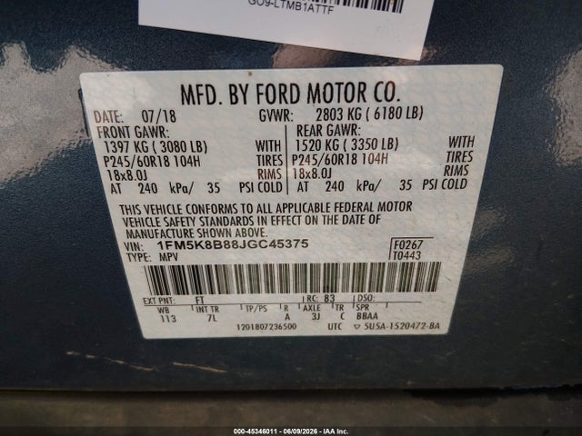 Продаж на аукціоні авто 2018 Ford Explorer, vin: 1FM5K8B88JGC45375, номер лоту: 45346011