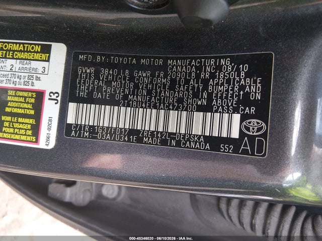 2010 Toyota Corolla S მანქანა იყიდება აუქციონზე, vin: 2T1BU4EE1AC473700, აუქციონის ნომერი: 45346020
