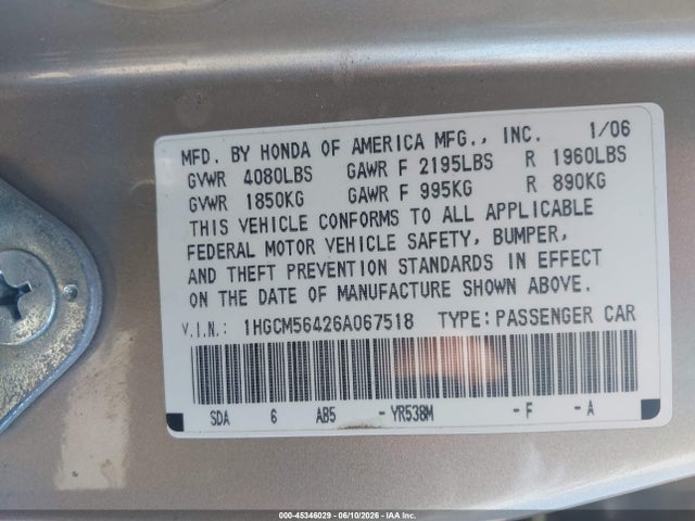 Продажа на аукционе авто 2006 Honda Accord 2.4 Lx, vin: 1HGCM56426A067518, номер лота: 45346029