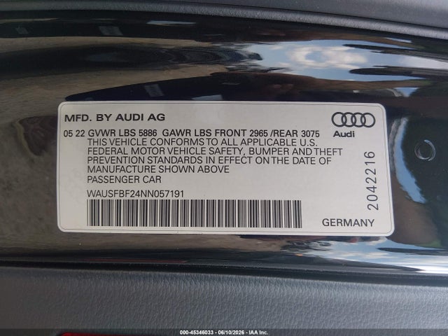45346033 :رقم المزاد ، WAUSFBF24NN057191 vin ، 2022 Audi S7 Sportback Prestige Tfsi Quattro Tiptronic مزاد بيع