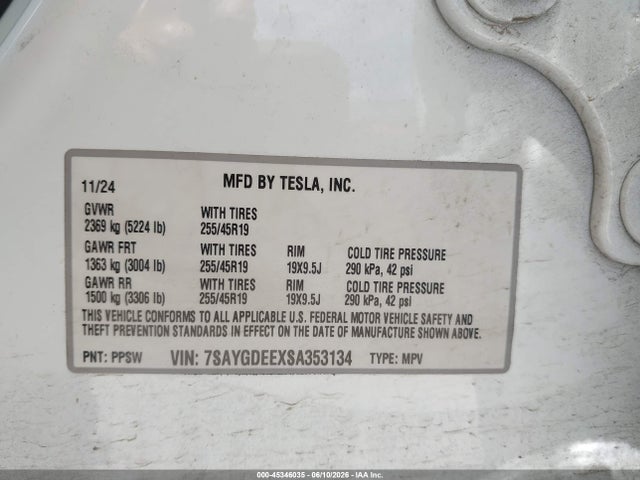 2025 Tesla Model Y Long Range Dual Motor All-wheel Drive მანქანა იყიდება აუქციონზე, vin: 7SAYGDEEXSA353134, აუქციონის ნომერი: 45346035