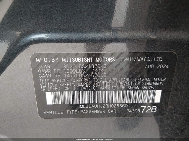 Продаж на аукціоні авто 2024 Mitsubishi Mirage Es/le, vin: ML32AUHJ2RH025560, номер лоту: 45346037