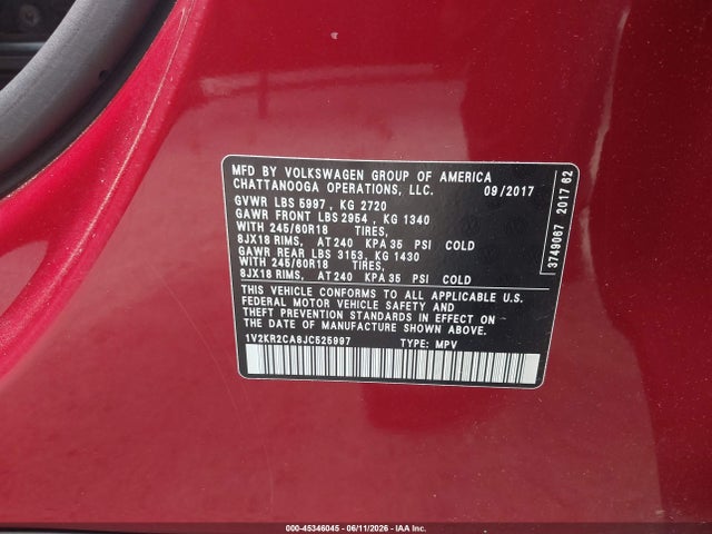 Продажа на аукционе авто 2018 Volkswagen Atlas 3.6l V6 Se, vin: 1V2KR2CA8JC525997, номер лота: 45346045