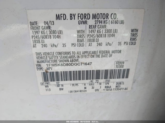 Продажа на аукционе авто 2013 Ford Explorer Xlt, vin: 1FM5K8D80DGC71647, номер лота: 45346056