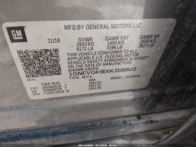 Chevrolet Traverse 1lt 2019 1GNEVGKWXKJ188922 Image 9