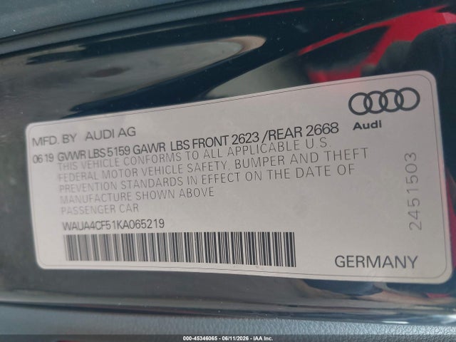 45346065 :رقم المزاد ، WAUA4CF51KA065219 vin ، 2019 Audi S5 3.0t Premium مزاد بيع
